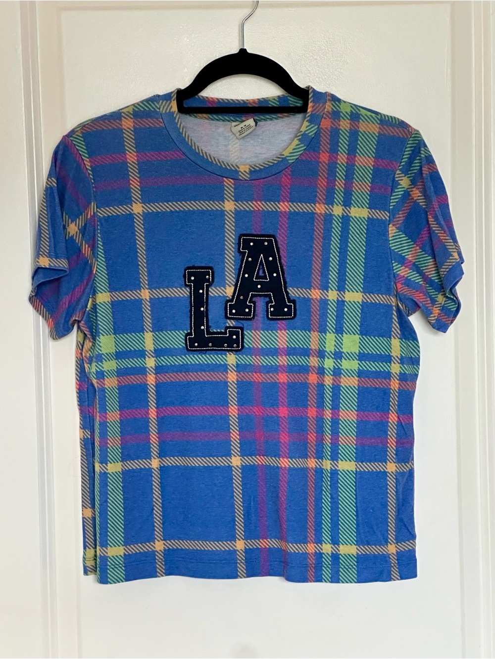 Urban Outfitters Blue Plaid 'LA' Appliqué Short Sleeve Tee